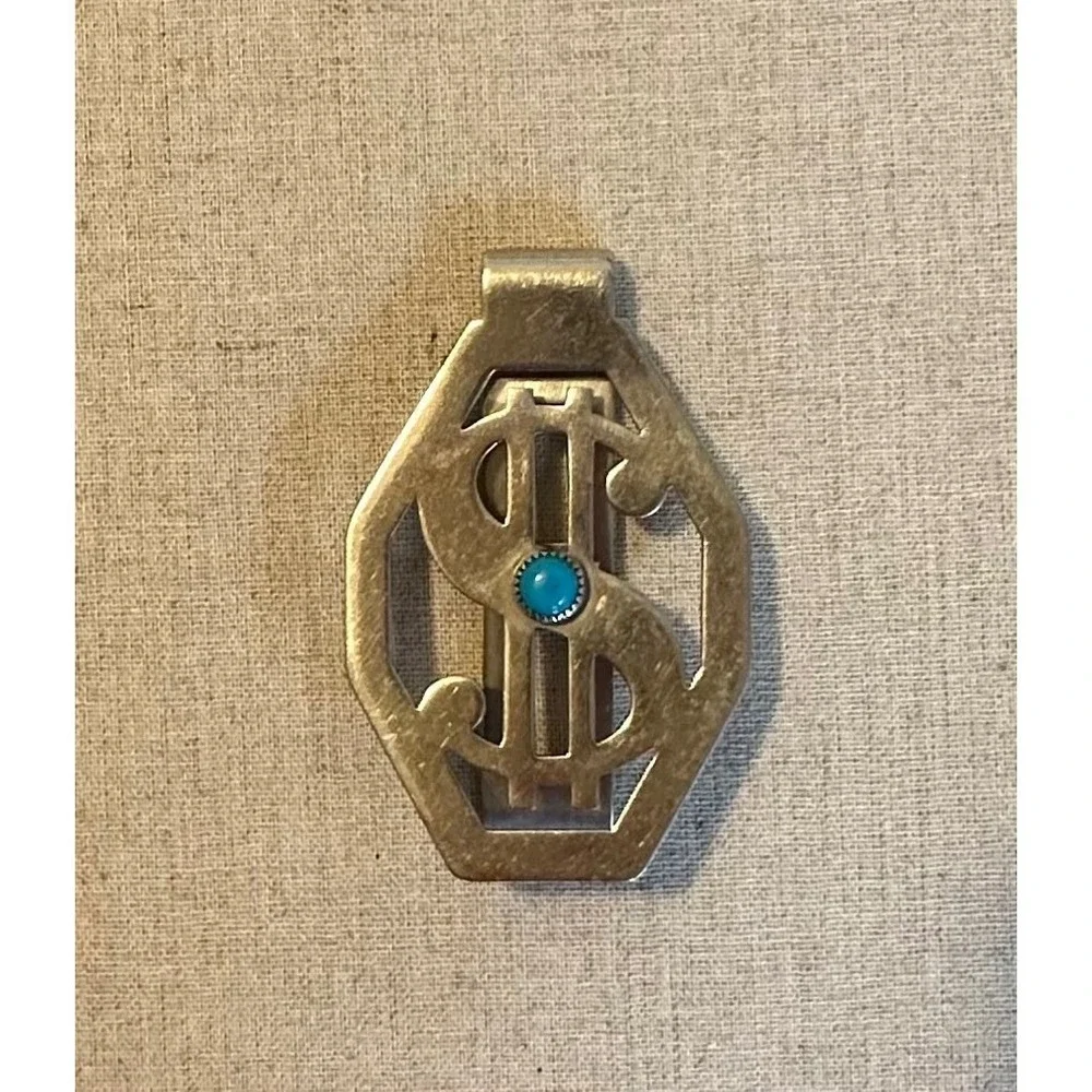 Bell Trading Post VTG Nickel Silver Turquoise Dollar Sign Money Clip 2